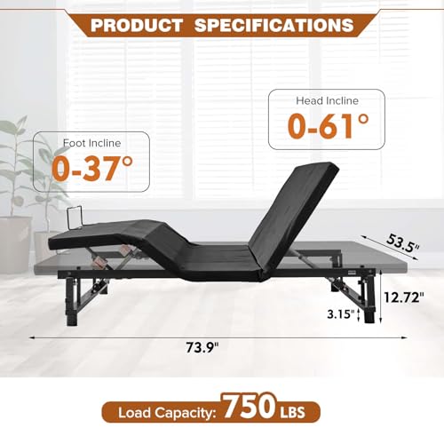 Full Size Adjustable Metal Bed Frame with Wireless Remote Control and Quiet Motor, Independent Head and Foot Incline, Zero Gravity, Ergonomic Electric Adjustable Bed Base, Smart Bed (Full)