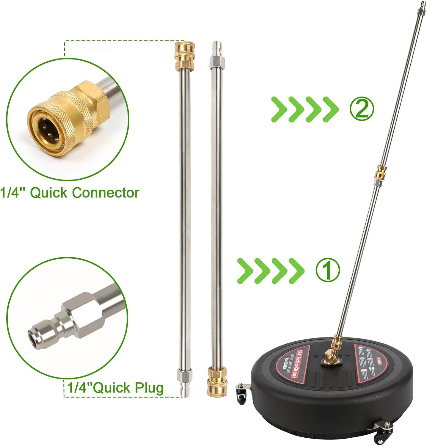 15.8'' Pressure Washer Surface Cleaner, 3600 PSI Plastic Power Surface Cleaner with 3 Wheels, 2 Extension Wands, 1/4" Quick Connection, Watertight Tape, Storage bag - for Cleaning Driveway Sidewalk