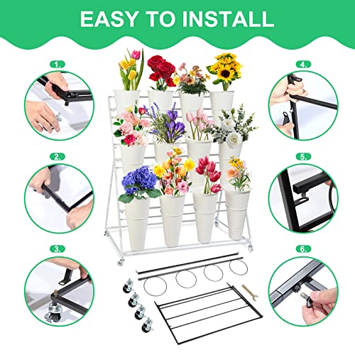 Flower Display Stand with Buckets, 3 Layers Metal Plant Stand, Moving Florist Bouquet Shelf for Fresh Flower Shop, for Patio Garden, Outdoor Flower Pop-Up Events (White Frame - White Bucket)