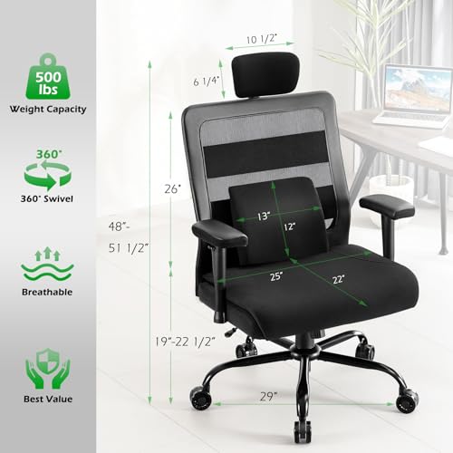 Extra Wide Seat Office Chair 500lbs Big and Tall Heavy Duty Ergonomic Mesh High Back Desk Chair with Adjustable Headrest, Lumbar Support, Arms for Home & Office
