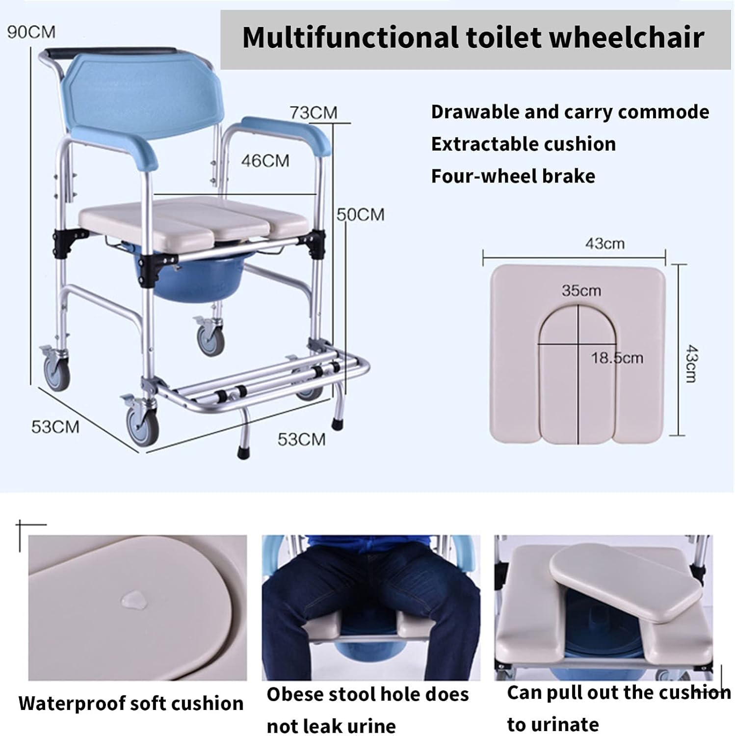 KOHARA Wheelchair, Shower Chair Toilet Bathtub Bedside Commode Seat Chair, Shower Wheelchair Portable Toilet, Bathroom Anti-Slip Bedside Chair, Wheeled Commod with Footrests
