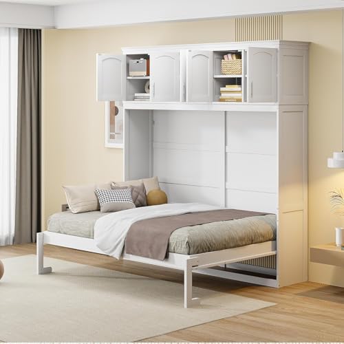 MERITLINE Queen Horizontal Murphy Bed Cabinet with Storage Bookcase Shelves and Charging Station,Wood Folding Grey Murphy Wall Bed for Adult