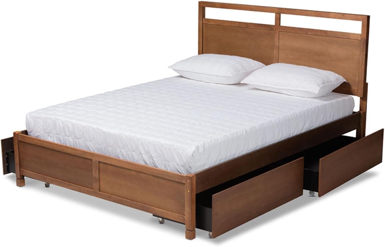 Baxton Studio Saffron Modern and Contemporary Walnut Brown Finished Wood Full Size 4-Drawer Platform Storage Bed