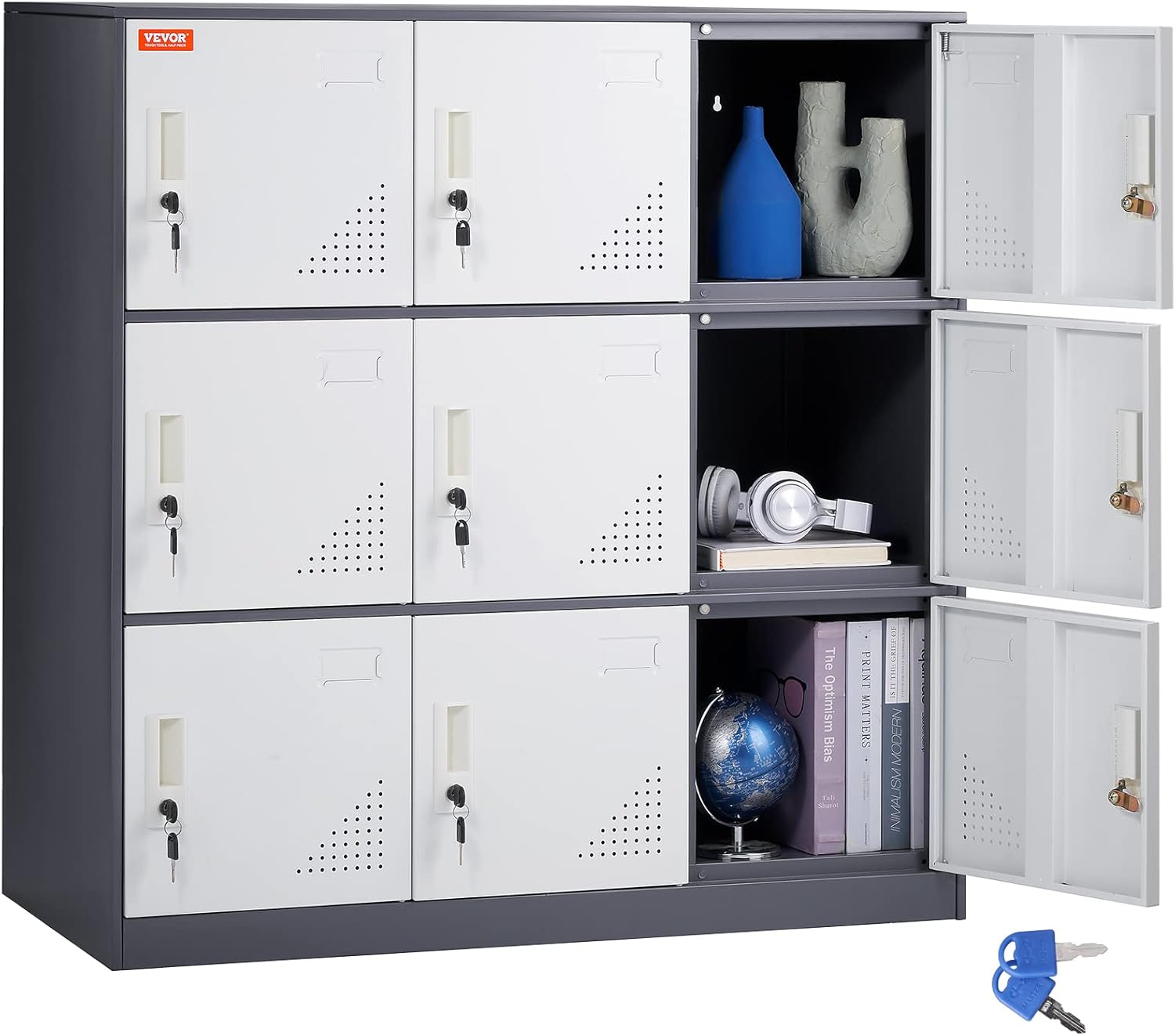 VEVOR Metal Locker for Employees, 9 Doors Storage Cabinet with Card Slot, Gray Steel Employee Lockers with Keys, 66lbs Loading Capacity Office Storage Lockers for Office, Home, School, Gym