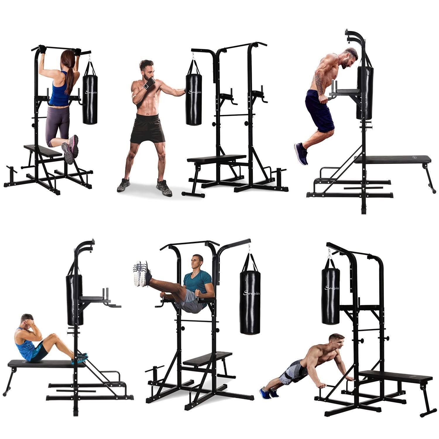 Soozier Home Gym Power Tower with Bench and Punching Bag, Multi-Function Adjustable Dip Sit Up Workout Station Equipment Heavy D