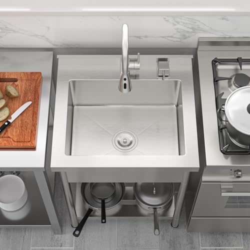 Lordear Stainless Steel Utility Sink 24 Inch - 24"x21" Freestanding Stainless Steel Kitchen Sink Single Bowl Commercial and Residential Use for Laundry Room Garage Outdoor and Kitchen