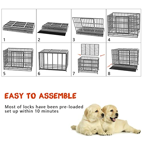 LEMBERI 48/38 inch Heavy Duty Indestructible Dog Crate, Escape Proof Dogs Cage Kennel with Lockable Wheels,High Anxiety Double Door Kennel,Extra Large Crate Indoor for Large Dog with Removable Tray