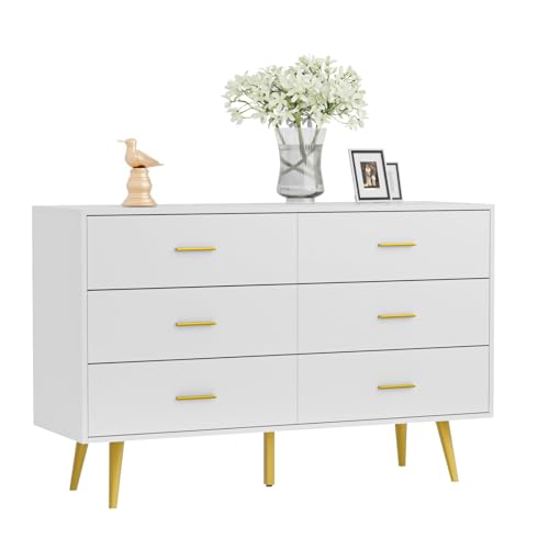 CARPETNAL White Dresser for Bedroom, 6 Drawer Dresser with Wide Drawers and Gold Metal Handles, Wood Dressers & Chest of Hallway, Entryway.