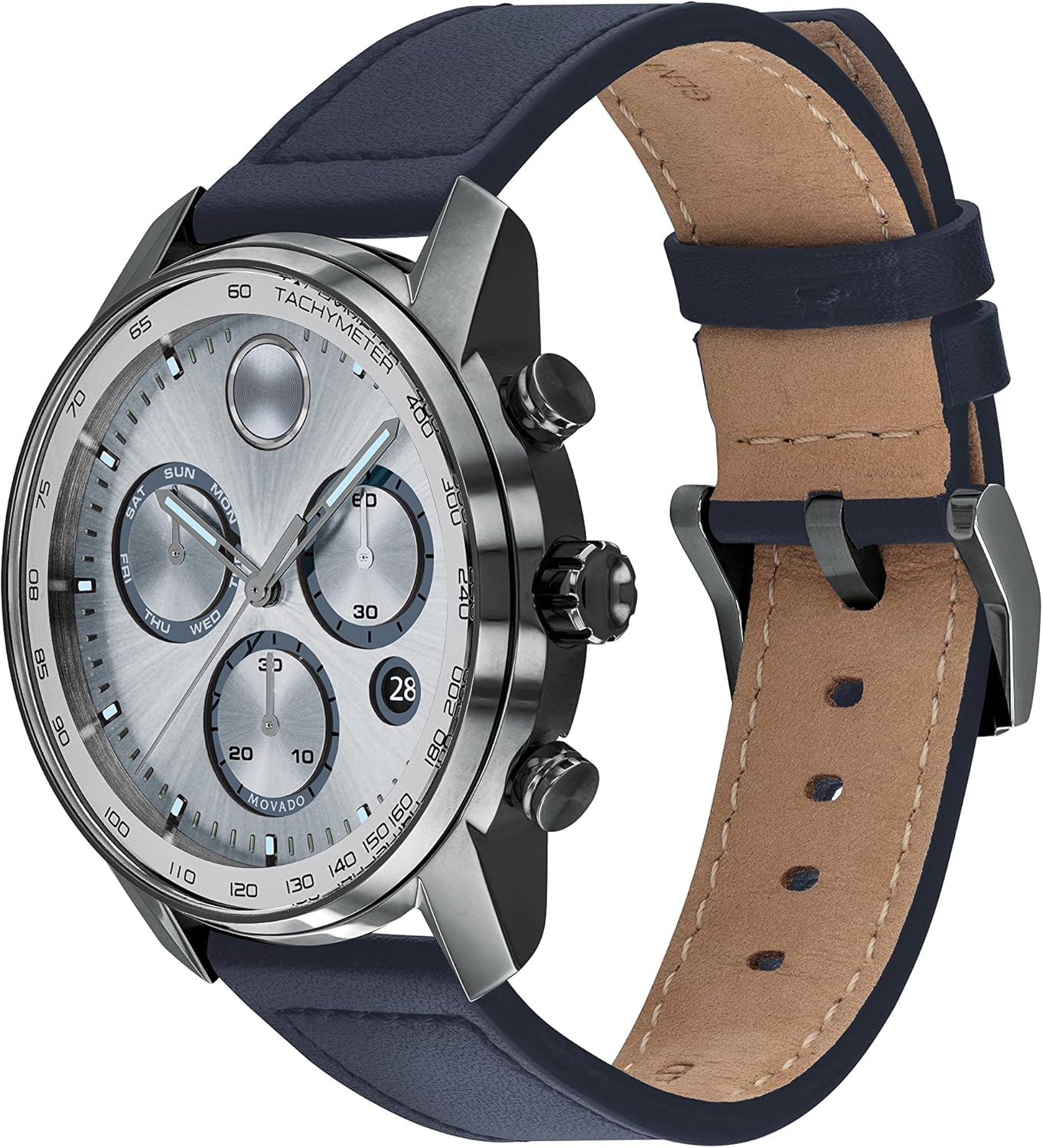 Movado Men's 3600909 Bold Verso Swiss Quartz Grey Ion-Plated Stainless Steel and Leather Strap Watch, Color: Navy