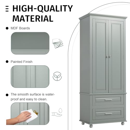 Polibi Tall Storage Cabinet with 2 Drawers, 3-Tier Adjustable Shelves & 2 Doors, Floor Freestanding Cabinet for Bathroom, Living Room, Grey