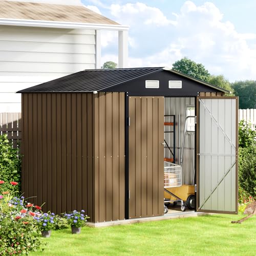 10X12X7.5 FT Outdoor Steel Storage Shed with Lockable Doors, 2 Windows, Transparent Roof Panels (Wood Panels & Frame Floor Not Included), Ideal for Patio Storage,Garbage Can, Chicken Coop，Brown