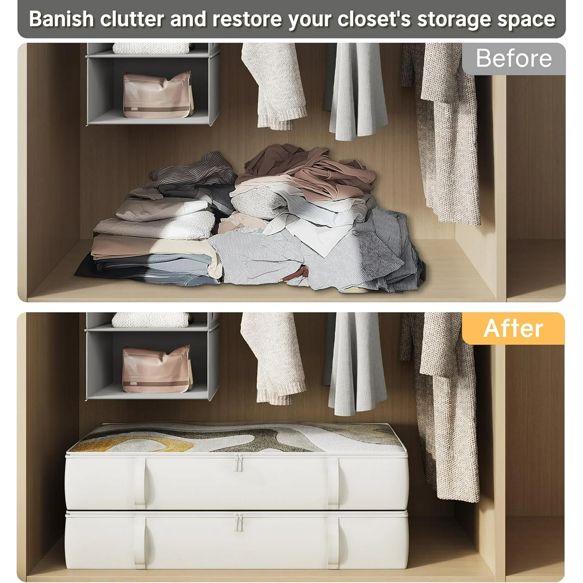 2-Pack Under Bed Storage Containers, 8 Inches Tall Underbed Clothes Storage Organizer Bin with Sturdy Sidewalls/Bottom, Under the Bed Storage Bags 2 Storage Bins, Beige