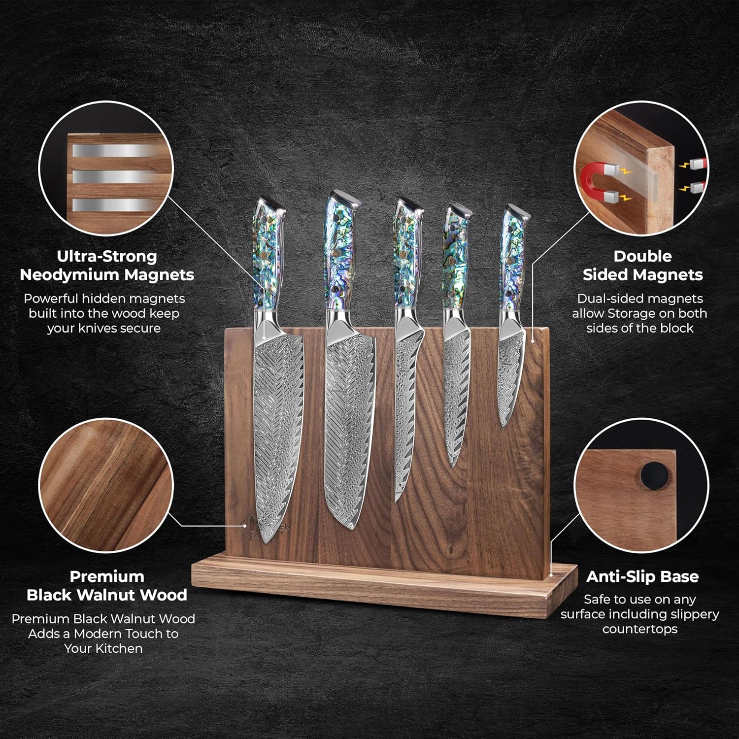 SENKEN 5-Piece Damascus Steel Kitchen Knife Set with Black Walnut Magnetic Knife Block, 67-Layer Japanese VG10 Steel, Real Deep-Sea Abalone Shell Handle, Chef's Knife, Santoku, Paring, Fillet, Utility