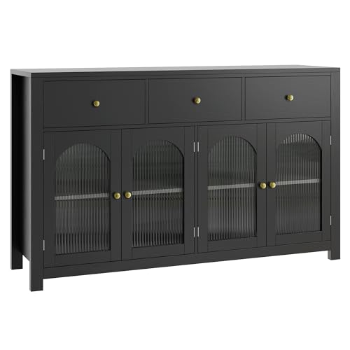 FINETONES Buffet Cabinet with Storage, 55.1" Large Sideboard Buffet Farmhouse Kitchen Cabinet with 3 Drawers and 4 Doors, Wood Coffee Bar for Kitchen, Black