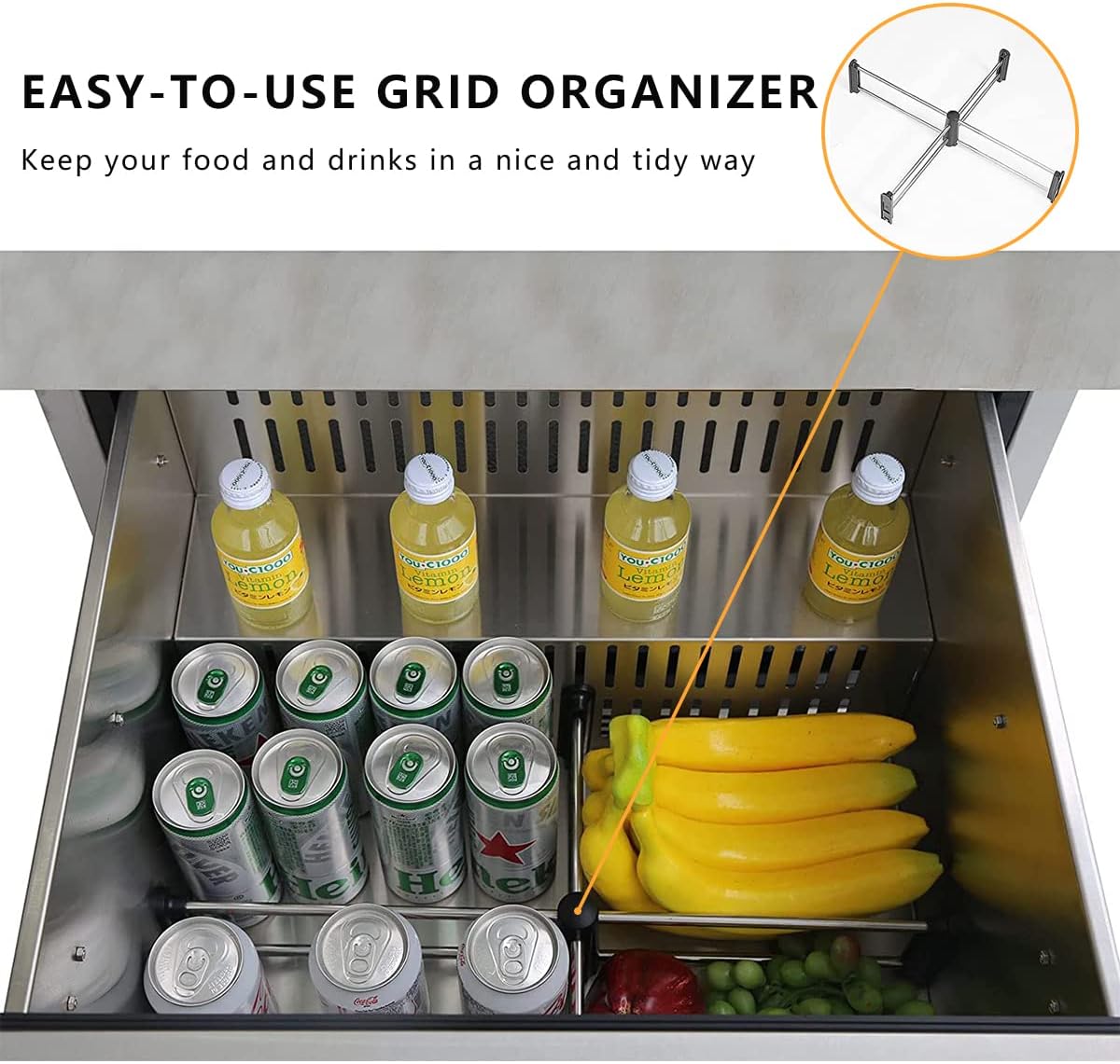 Eficentline 24 inch Weather Proof Design Indoor and Outdoor Under Counter Drawer Fridge, Built-in Beverage Under Cabinet Refrigerator for Home and Commercial Use, Stainless Steel