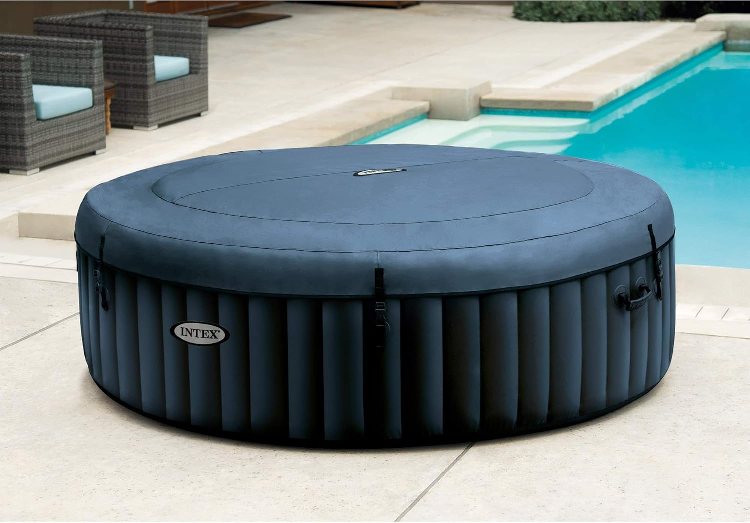 Intex 28431E PureSpa Plus 85in x 25in Outdoor Portable Inflatable 6 Person Round Hot Tub Spa with 170 Bubble Jets, Cover, Built in Heater Pump, and 2 Non-Slip Seats, Navy