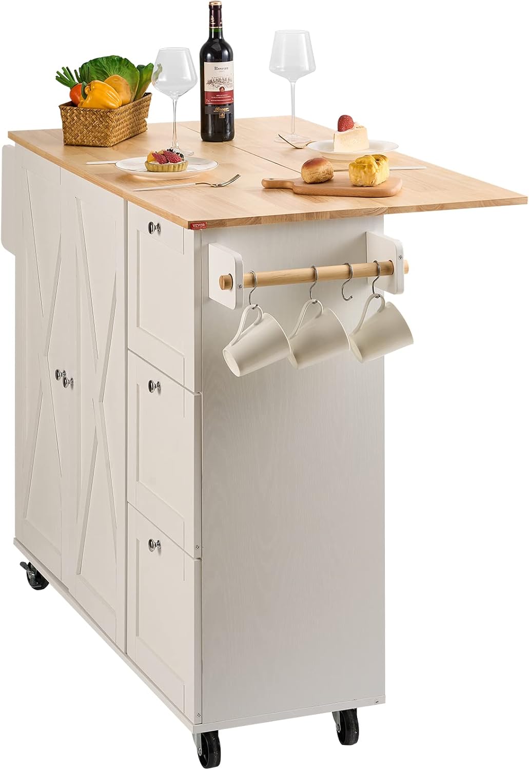 VEVOR Kitchen Island Cart with Solid Wood Top, 45.3" Width Mobile Carts with Storage Cabinet, Rolling Kitchen Table with Spice Rack, Towel Rack, Drop Leaf and Drawer, Portable Islands on Wheels, White