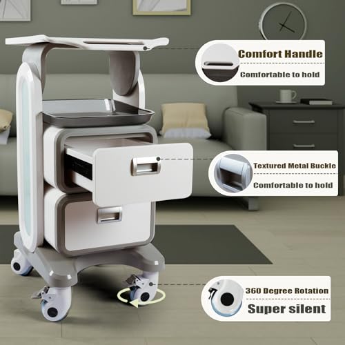 Medical Trolley Cart with Drawers, Hospital Ultrasound Cart, Rolling Bathroom Cart with Wheels and Trays, Beauty Salon Storage Cart for Estheticians, Mobile Utility Cart for Dental Clicnic, Lab