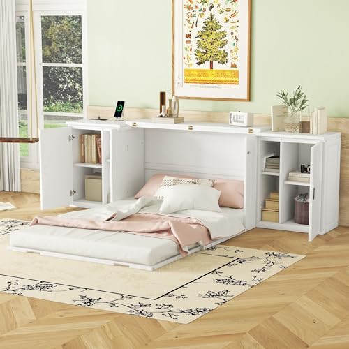 Queen Size Murphy Cube Bed with Bookcase,Can Be Folded Into Cabinet with Storage Shelves and Doors/USB Ports for Guest Room Home Office,White
