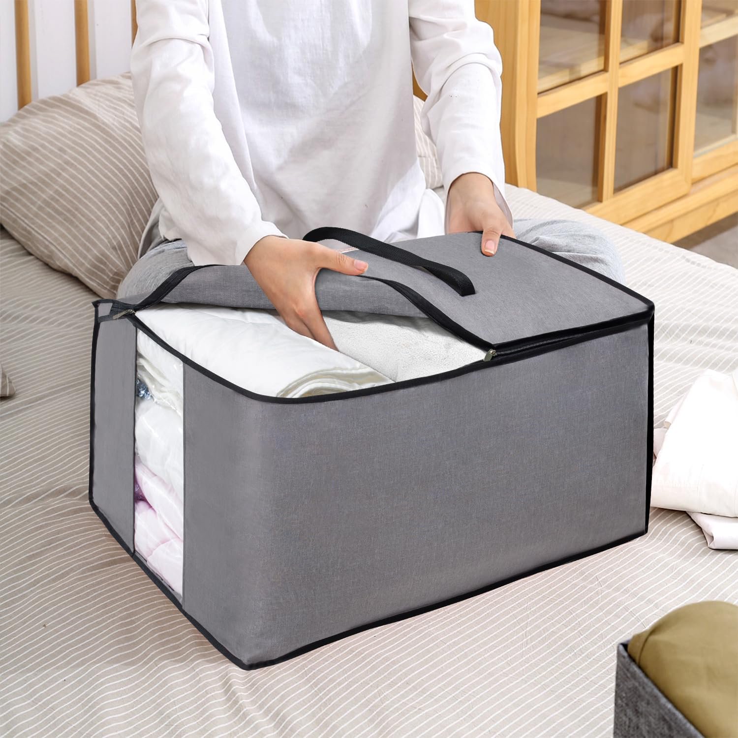 Thick Over Size Storage Bag, Folding Organizer Bag, Under Bed Storage, College Carrying Bag for Bedding Comforters, Blanket, Clothes (Grey)
