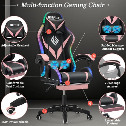 HOFFREE Gaming Chair Massage with Bluetooth Speakers and Led Lights Ergonomic Computer Gaming Chair with Footrest RGB Video Game Chair with High Back Lumbar Support Blue and Black