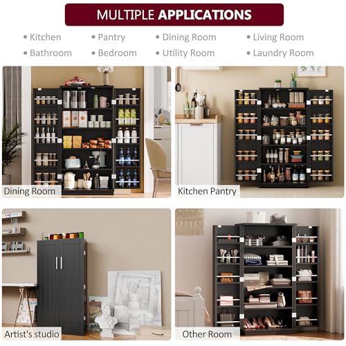 SUNLEI 47" Kitchen Pantry Cabinet, White Food Storage Cabinets with Door and Adjutable Shelves, Freestanding Wooden Dresser for Kitchen, Dining Room, Living Room and Bedroom