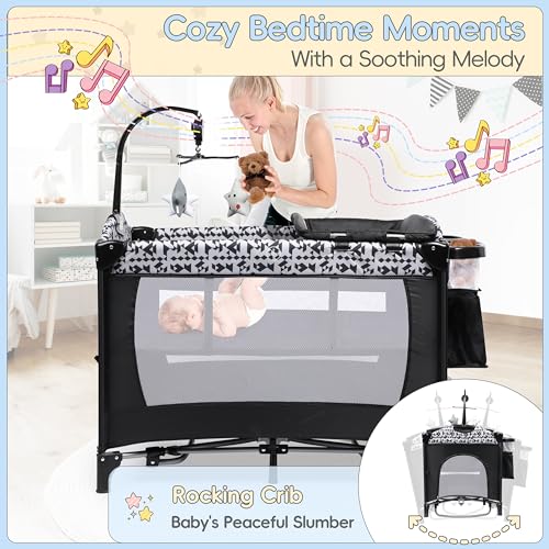 Xilingol 5-in-1 Pack and Play, Baby Bassinet Bedside Sleeper with Diaper Changer, Storage Bag & Music Box, Portable Baby Crib with Carry Bag, Foldable Playard with Bassinet for Newborn to Toddlers