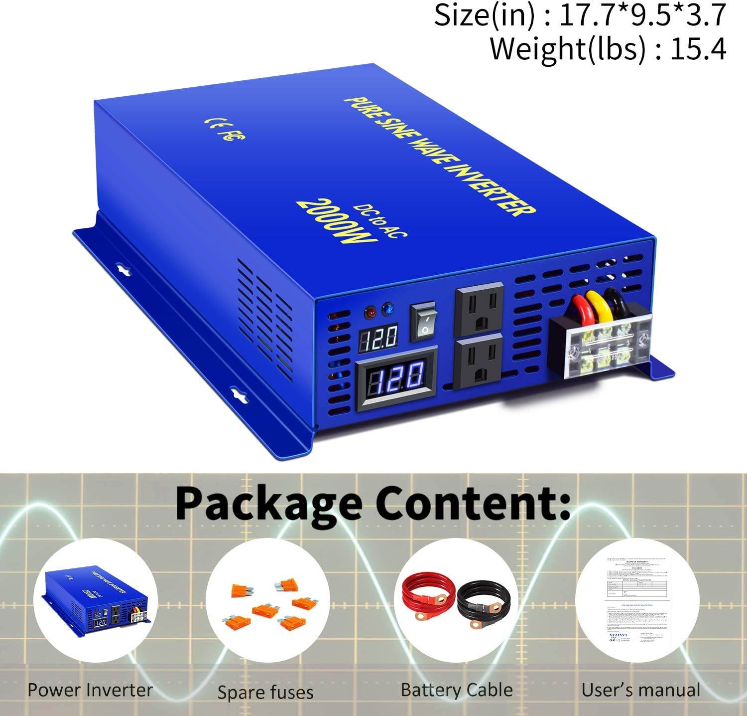 XYZ INVT 2500W Pure Sine Wave Inverter 24v to 110V 120V AC with Wireless Remote Switch, 5000 watt Surge, Power Inverter for Truck, RV Car Camping, Solar System, Grid Off.