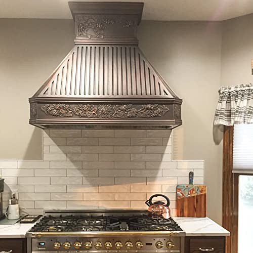 SINDA Copper Kitchen Oven Range Hood with Range Hood Insert Antique Copper Patina and Oil Rubbed Bronze Decorative Bars, Grapevine Design Square Head, H14BTRA