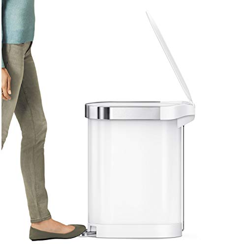 simplehuman 45 Liter / 12 Gallon Slim Hands-Free Kitchen Step Trash Can, White Stainless Steel