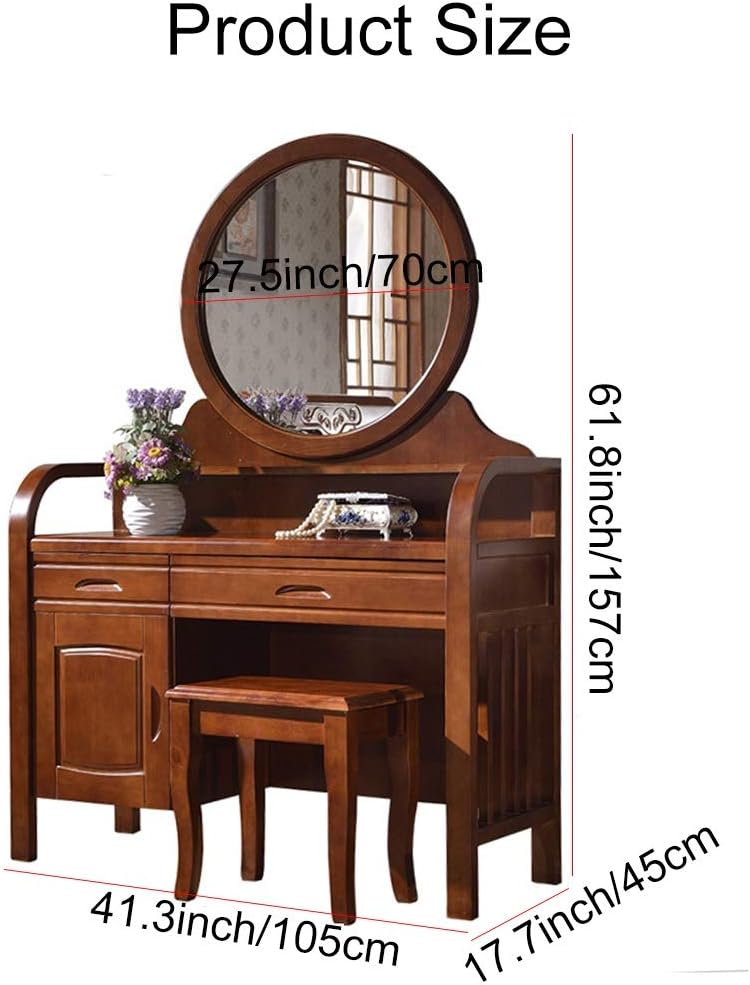 Vanity Table Set Home Vintage Style Dressing Table Padded Stool Oval Mirror Drawers 3pc Set 41.3x17.7x61.8inch