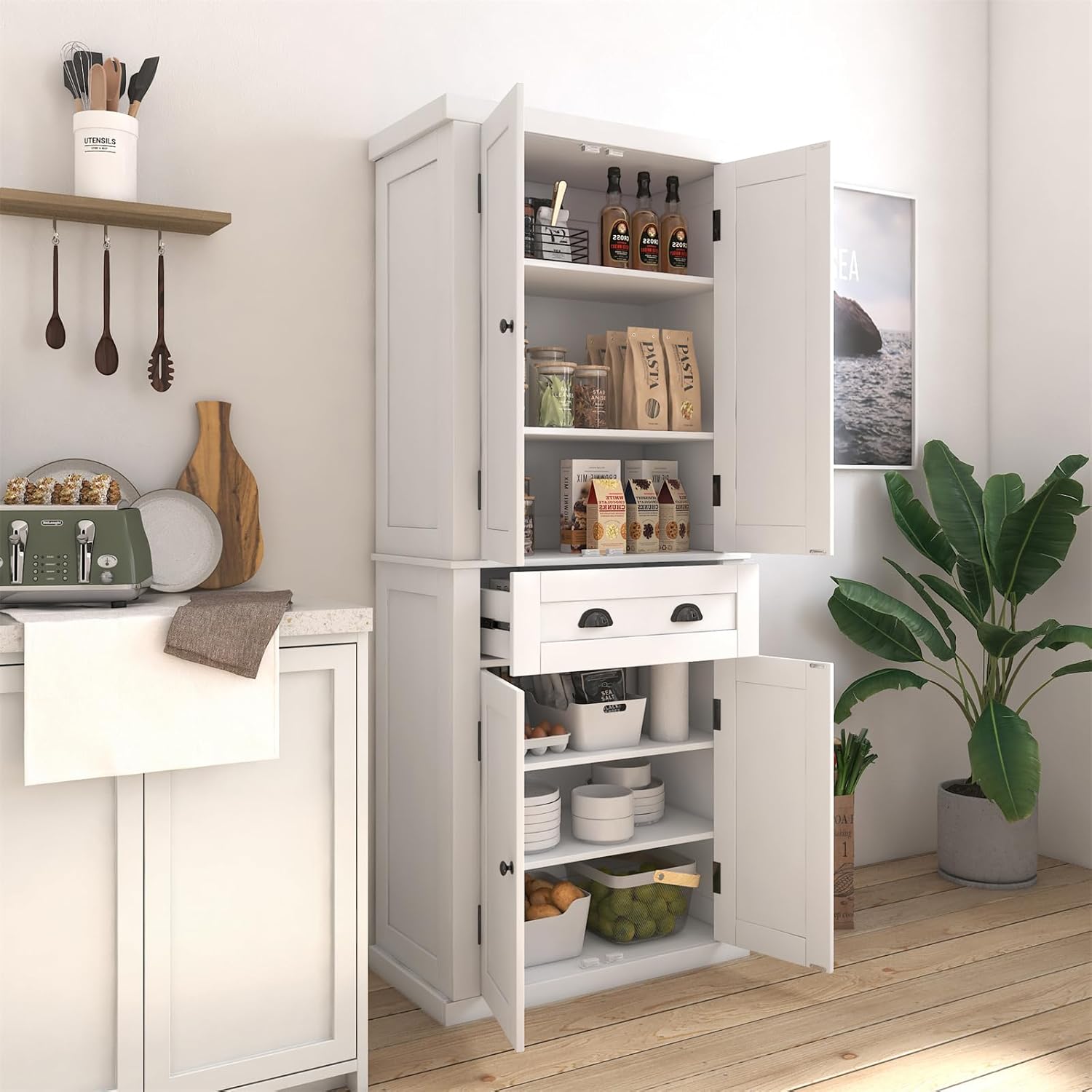 72" Kitchen Pantry Storage Cabinet, Traditional Freestanding Cupboard with 4 Doors and Adjustable Shelves, Large Central Drawer, Dining Room Storage Cabinet, White