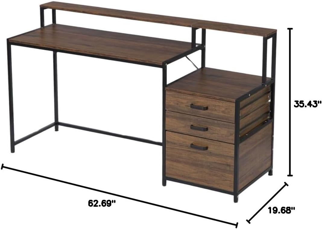 Computer Desk Ergonomic Office Desk with Drawers & Monitor Stand Modern Simple Style PC Workstation, 63 Inch