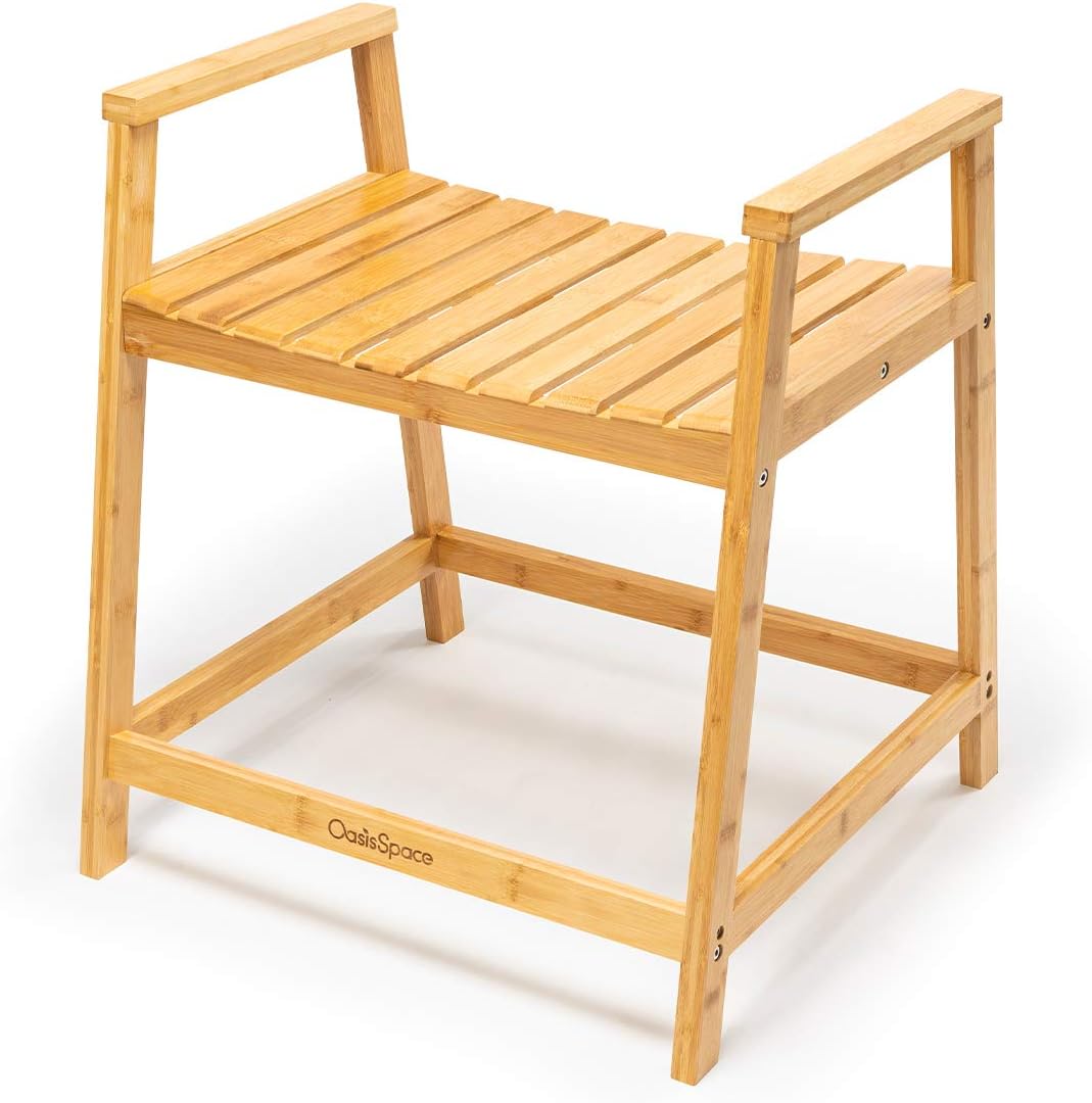 OasisSpace Bamboo Shower Bench - Waterproof Shower Chair Seat Stool with Arms, Wooden Spa Bath Organizer Seat, Perfect for Indoor or Outdoor