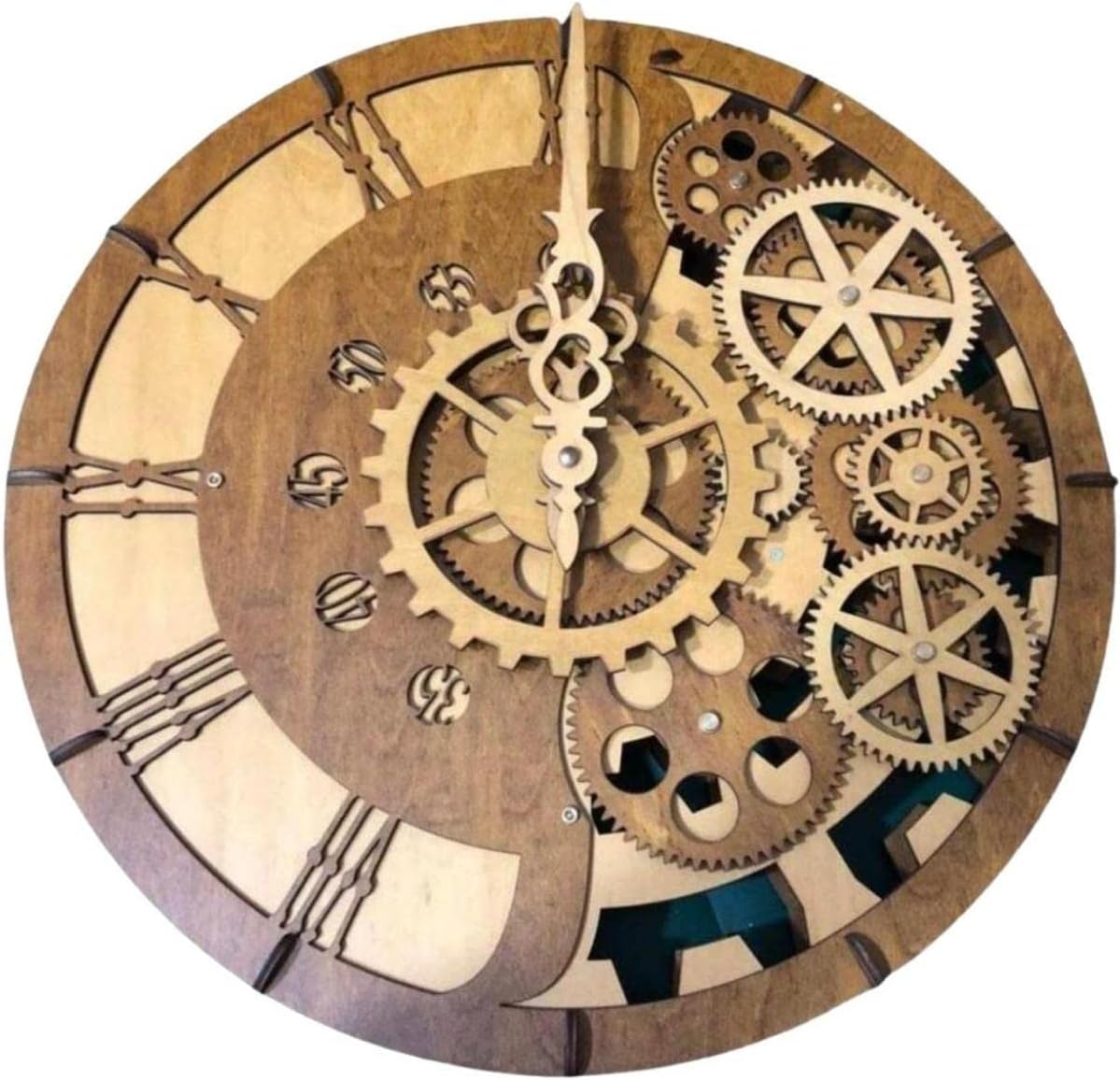 15 Inch Industrial Steampunk Wall Clock, Rustic Farmhouse Style, Retro Mechanical, Moving Gears, Wood, 3D Minimalist Skeleton, Antique Vintage Roman & Arabic Numerals, Battery Powered