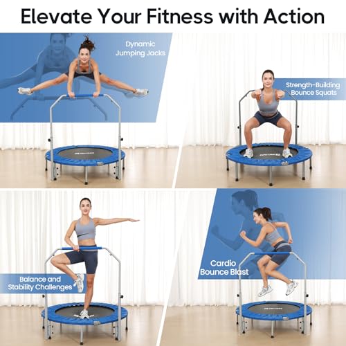 BCAN 40/48" Foldable Mini Trampoline Max Load 330lbs/440lbs, Fitness Rebounder with Adjustable Foam Handle, Exercise Trampoline for Adults Indoor/Garden Workout