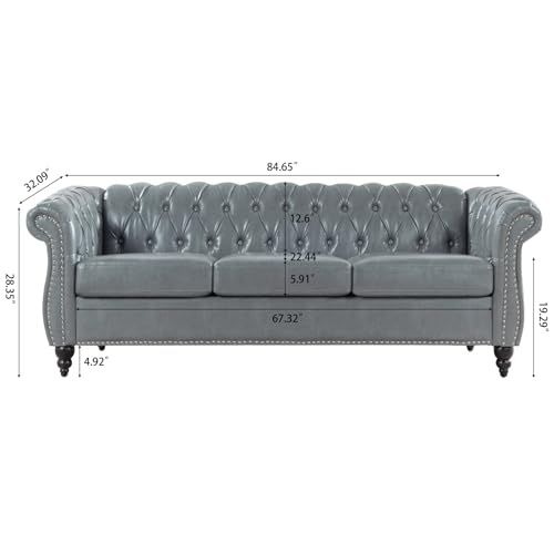 Couch, 3 Seater Sofa, Comfy PU Rolled Arm Chesterfield Couch, 84.65" Mid Century Modern Couches with Silver Studs Trim and Wooden Legs for Living Room Bed Room Apartment, Orange