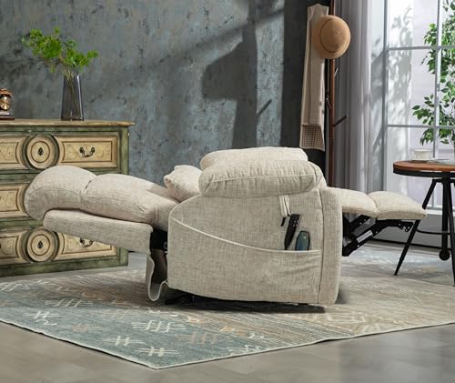 Light Grey Recliner Chair for Elderly | Tall and Big Man 400lbs | Chenille | Power Lift, Lay Flat, Stand Up, Wireless Charging Device, Extended Footrest, Massage Heat, Cup Holder, Lumbar Pillow