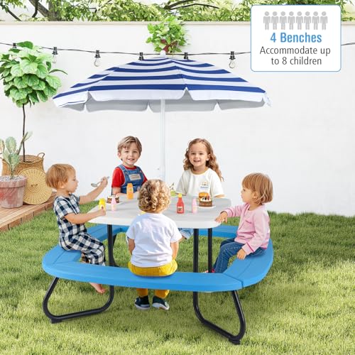 KOTEK 8-Person Kids Picnic Table, Toddler Activity Table with Removable Umbrella, 4 Built-in Benches, HDPE Top & Metal Frame, Kids Outdoor Table for Patio Garden Backyard (Blue+Red)