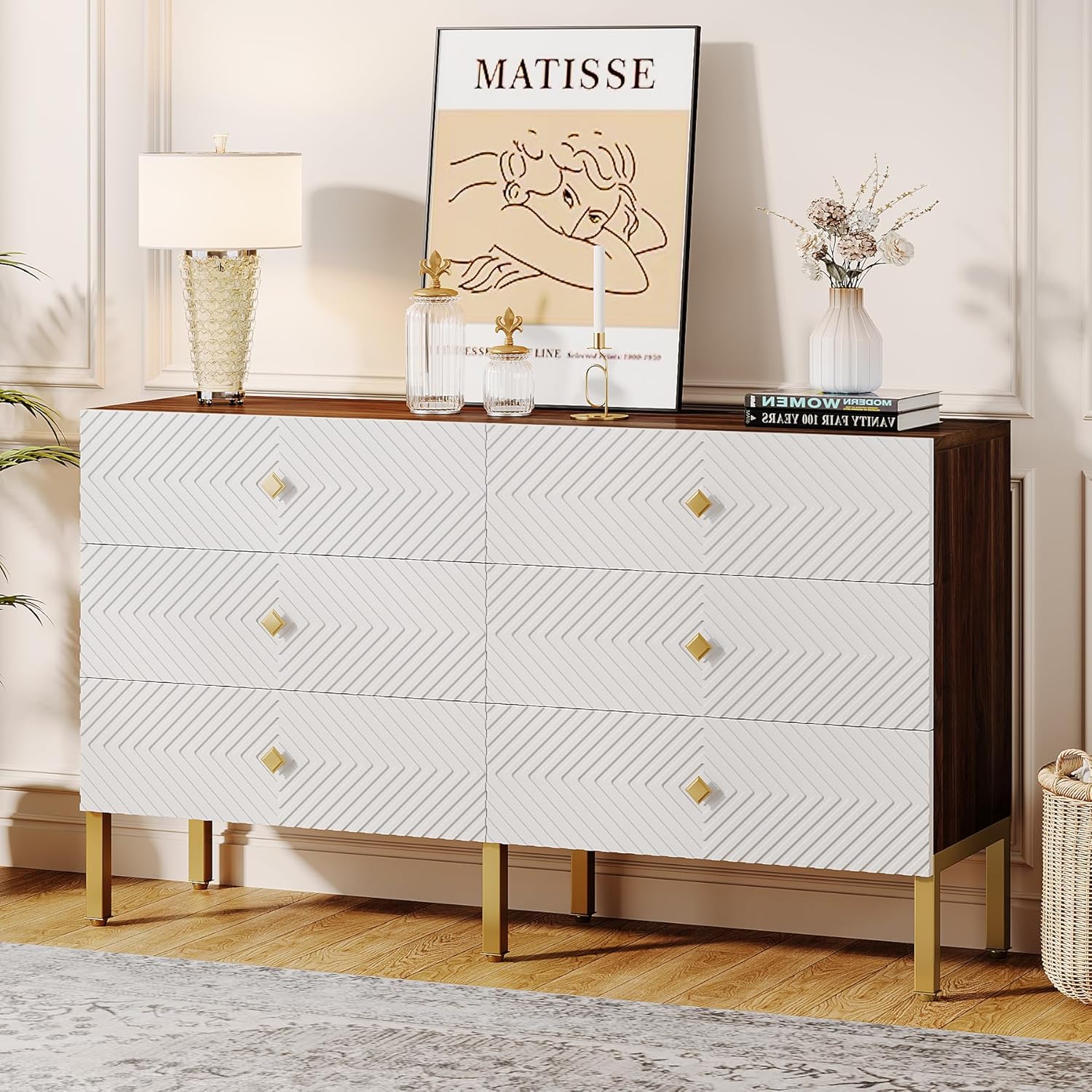 Tribesigns 6-Drawer Dresser for Bedroom, Large Double Wide Chest of Drawers, 55-Inch Wood Storage Dresser for Closet, Modern 6-Drawer Dresser Cabinet with Gold Legs and Handles, White & Brown