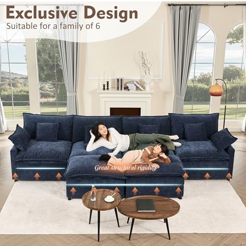 108" U Shaped Couch, Modular Sectional Sofa, 3-Seater Comfy Cloud Couch with Movable Ottoman, Deep Seat Couches for Living Room, Chenille, Black