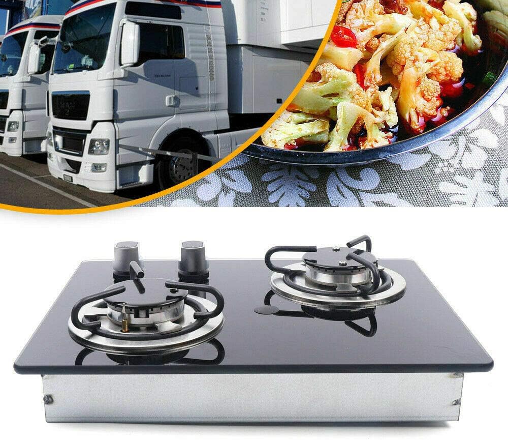15 inch Black Tempered Glass Panel Built-in LPG Gas Hob Cooktop Portable Gas Cooktop LPG Gas Stove Countertop Dual Fuel Cooktops Gas Cooker for RV Camper Caravan Outdoor Apartments (2 Burners)
