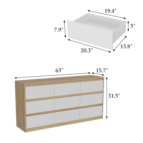 Hitow 9 Drawer Dresser for Bedroom with Deep Drawers, Large Floor Wood Dressers & Chest of Drawers Handle Free, Modern Black Long Dressers for Closet Living Room, Euro Slide (63"W x 15.7"D x 31.5"H)