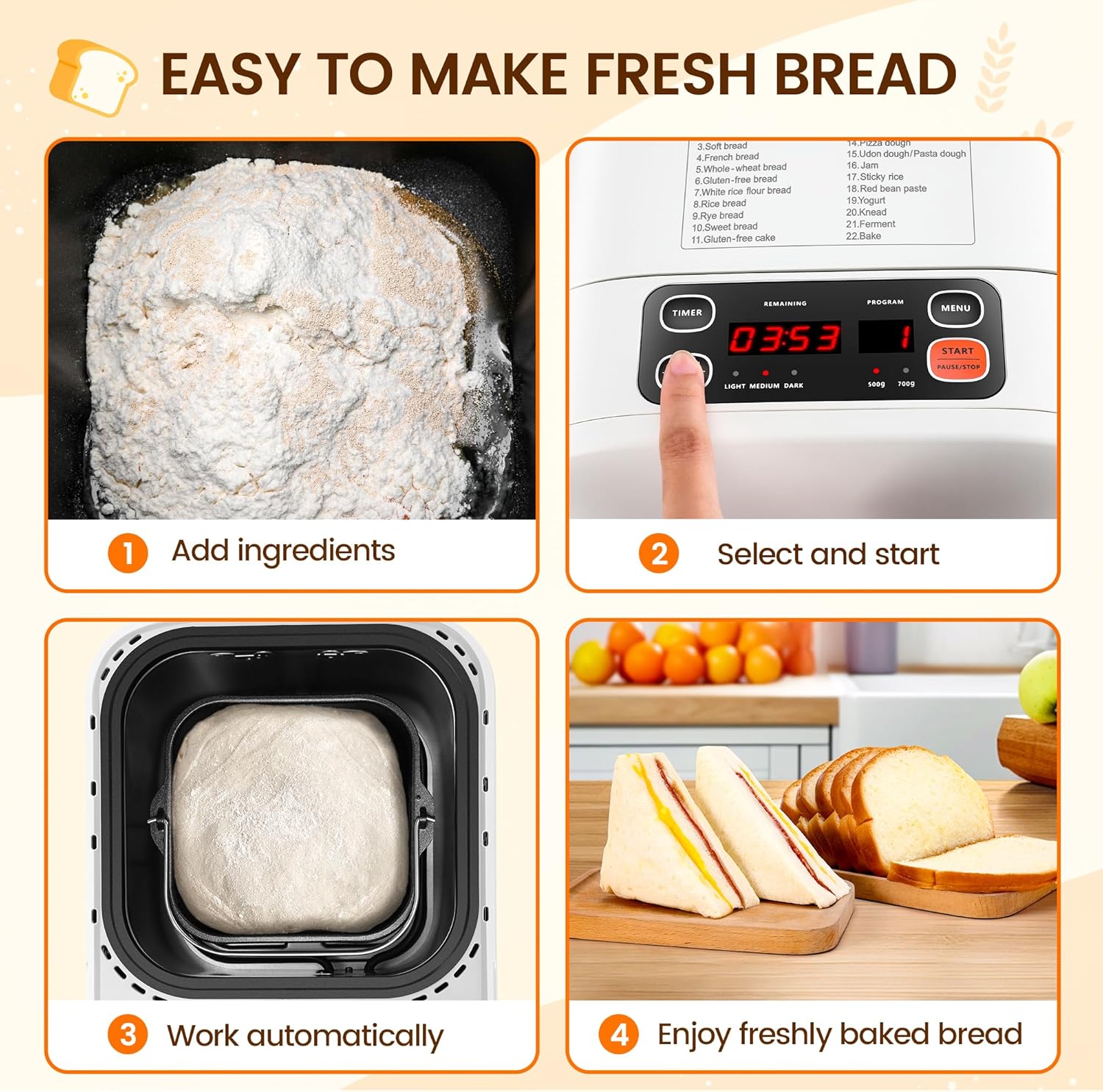 22-In-1 Compact Automatic Bread Maker Machine, 1LB/1.5LB Programmable 2 Loaf Sizes, 3 Crust Colors, Small Digital Home Bakery with Dough, Cake, Jam, Yogurt, Non-stick Pan, White