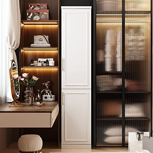 FAMAPY 2 Door Wardrobe Closet, Tall and Narrow Armoire Wardrobe Closet with Hanging Rod, Gold Metal Handles, Bedroom Armoire Closet White (15.7”W x 19.3”D x 74.9”H)