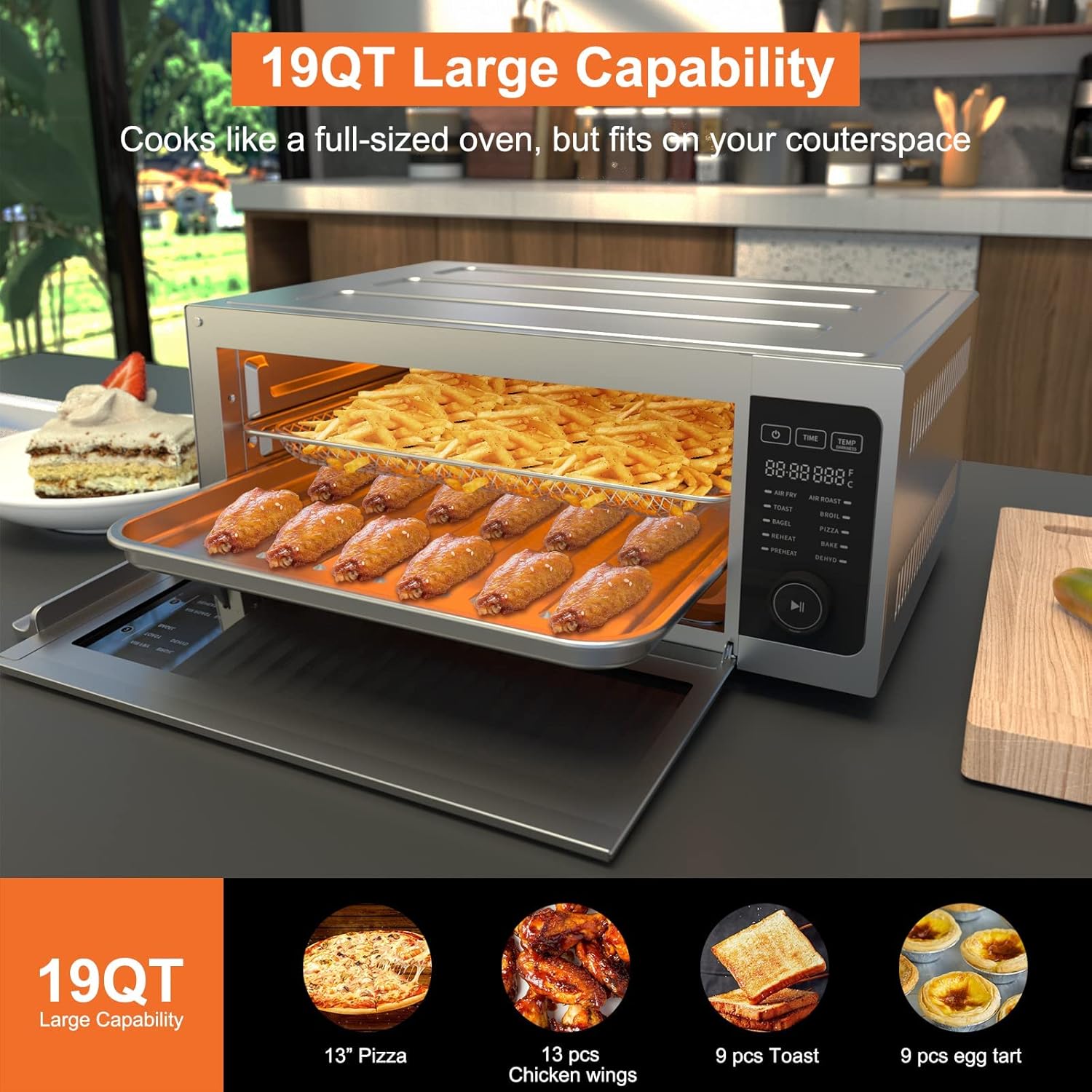 Air Fryer Toaster Oven Combo, Fabuletta 10-in-1 Countertop Convection Oven, Oil-Less Air Fryer Oven Fit 13" Pizza, 9 Slices Toast, 5 Accessories, 1800W, Dehydrate, Reheat, Bake
