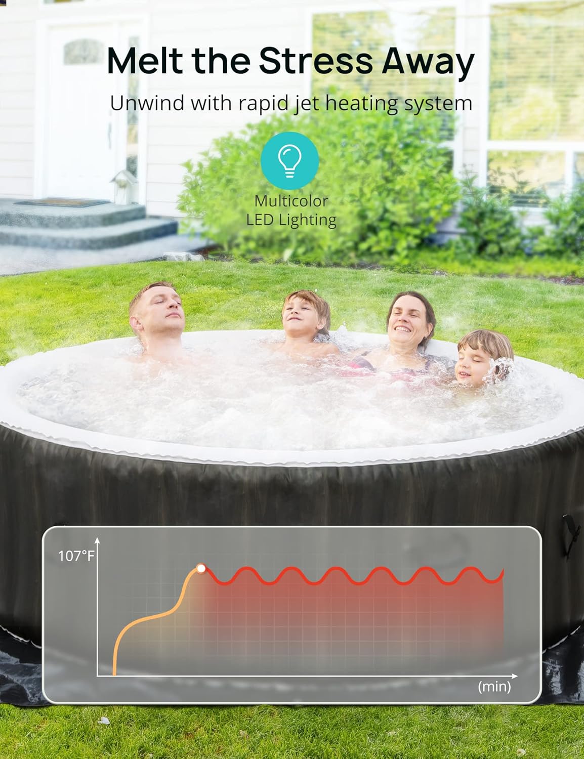 EVAJOY Inflatable Hot Tub, Portable Inflatable Hot Tub with Built-in LED, Electric Heater Pump, Hot Tub Spa with 140 Air Jets, 4-6 Adults, for Backyard, Garden, Indoor