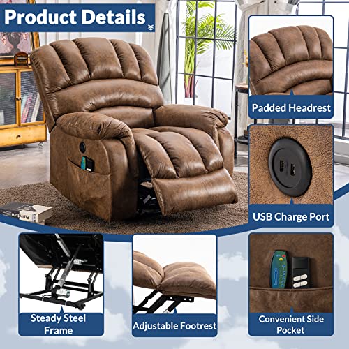 Large Dual OKIN Motor Power Lift Recliner Chair for Elderly Heated Massage Lay Flat Sleeper Electric Recliner Overstuffed Wide Recliners, Infinite Position, Side Pockets & USB Ports, Gray