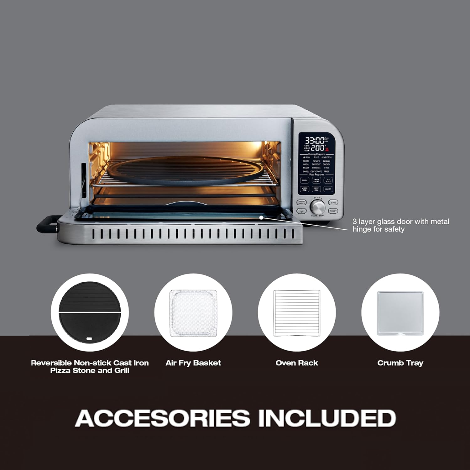 Salton Pizzadesso Professional Pizza Oven, Ultra High Heat Temperature Woodfired Electric Air Fry Toaster Oven with Six Pizzeria Settings for NY Style, Chicago Deep Dish, Proofing (TO2122SS)