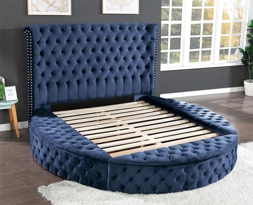 Queen Size Circle Platform Bed Frame with Bluetooth Speakers and USB, Velvet Tufted Upholstery Storage Bed Made with Wood, Storage Compartments in Rails and Footboard, Noise Free, Black